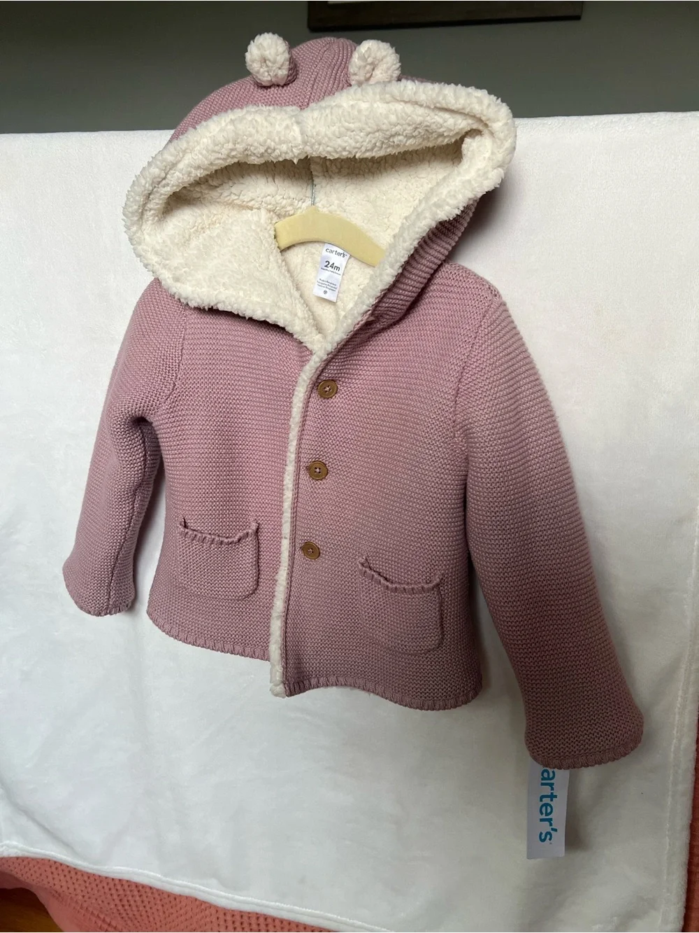 Carter's Dusty Pink Knit Hooded Jacket with Cream Sherpa Lining
